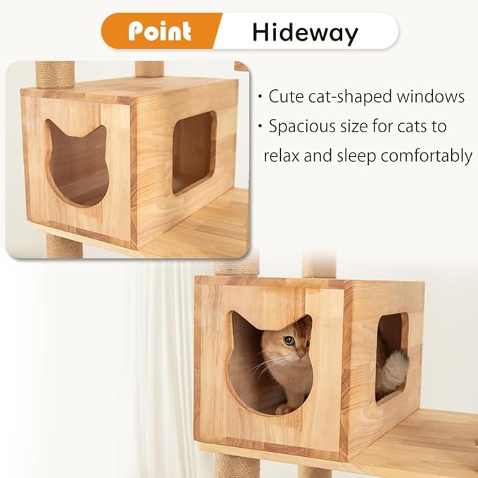 74.8" Wooden Cat Tree Tower for Large Cats, Multi-Level Cat Climbing Furniture with Scratching Posts, Cat Condo & Hammock, Natural Wood Cat Activity Center (Brown)-Mewly Pet