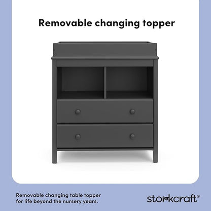 Storkcraft Alpine 2 Drawer Changing Table Chest (Gray) - Attached Changing Table Topper Fits Any Standard-Size Baby Changing Pad, 2 Drawers, 2 Shelves for Extra Nursery Storage, Easy to Assemble
