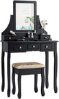 CHARMAID Makeup Vanity Set with Mirror and Cushioned Stool, Dressing Table with 5 Drawers and Removable Storage Organizers, Bedroom Makeup Table with Stool for Women Girls (Black)