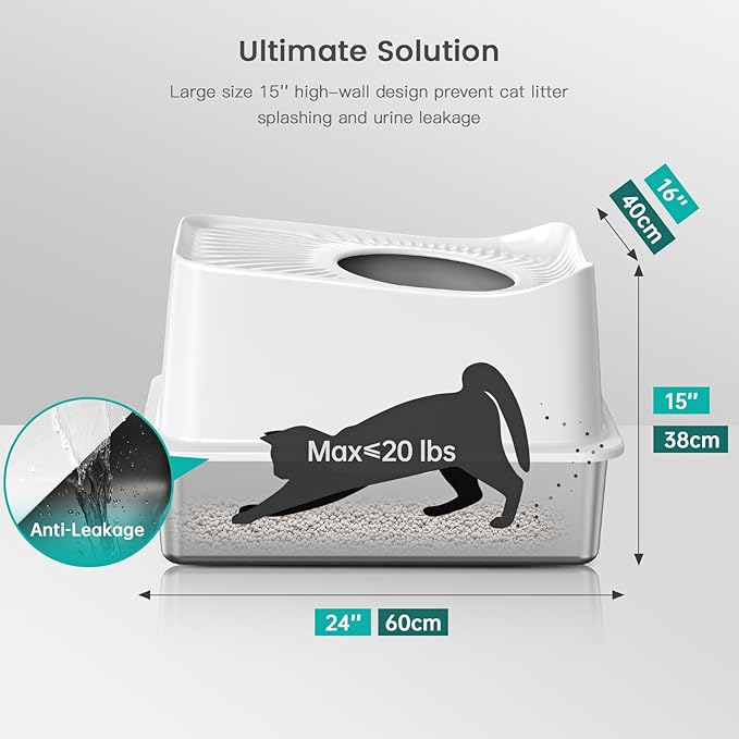 Stainless Steel Cat Litter Box, Large Top Entry Litter Box for Big Cats, Enclosed Kitty Litter Pan with Lid, Metal Cat Box Never Absorbs Odors, Easily Cleaning, Include Scoop-Mewly Pet