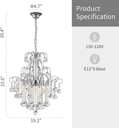 WUZUPS Crystal Chandelier 5-Light Pendant Ceiling Light Modern Lighting Fixture for Bedroom Hallway Bar Kitchen Bathroom, H 22.6'' x W 19.2'', E12 Base, Chrome