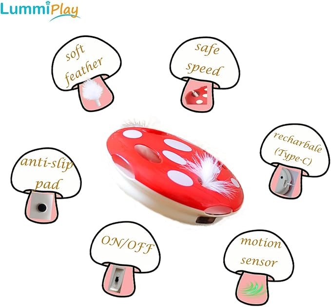 Interactive Cat Toy Automatic Mushroom - Whack-a-Mole Game with Rotating Feathers for Indoor Cats, Hide & Seek Rechargeable Toys Boredom Relief Adult Kittens, Safe Chew Proof Design (Red)-Mewly Pet