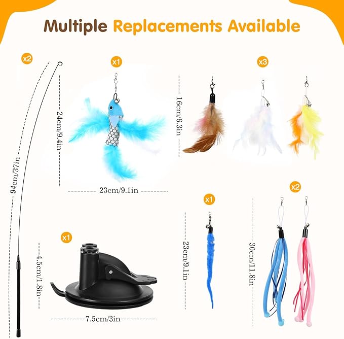 Pawaboo Cat Feather Toys, Interactive Cat Wand Toy with 2-Slot Super Suction Cup, Detachable 2 PCS Spring Cat Wand & 7 PCS Cat Teaser Replacement with Bells, Funny Kitty Toys for Indoor Kittens Play-Mewly Pet