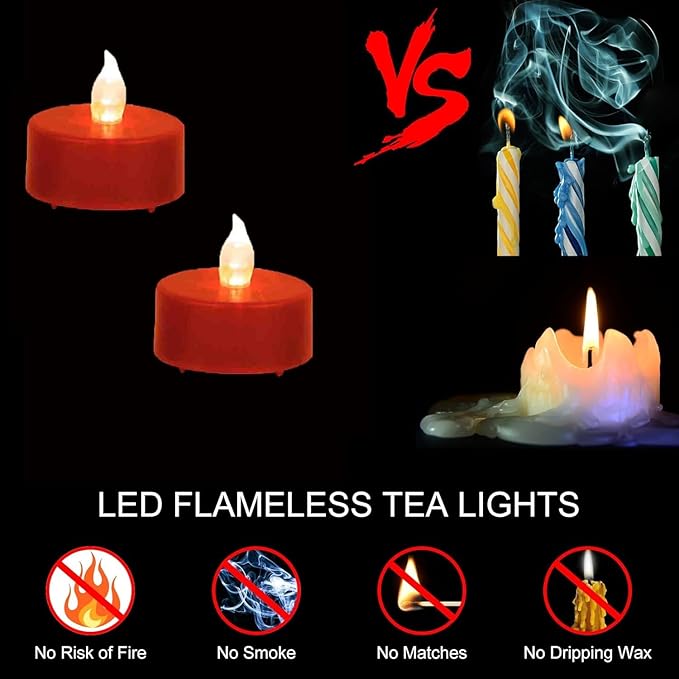 LED Tea Lights Candles- 12PACK Red Flameless Candles Realistic and Bright Flickering Long Lasting 200Hours for Holiday Celebration,Party, Home Decoration,Battery Operated