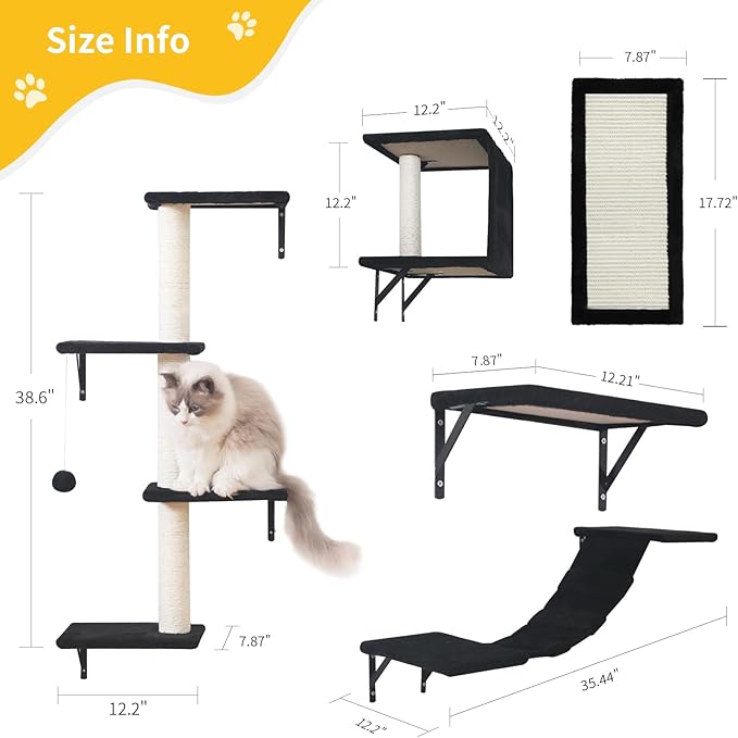 Modern Wall-Mounted Cat Furniture - 5pcs Cat Wall Shelves, Wooden Climber Includes House, Bridge, Tree, Steps, and Scratcher (Black)-Mewly Pet