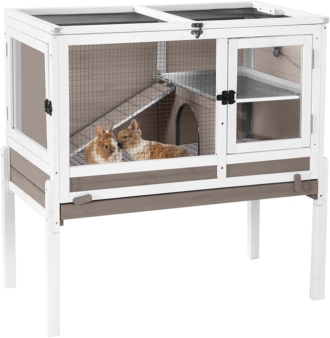 Aivituvin Rabbit Hutch with Stand Wooden Bunny Cage Indoor 2 Story Guinea Pig House with Anti Chew Ramp, No Leak Tray, Hideout, Wire Mesh (Brown)-Mewly Pet