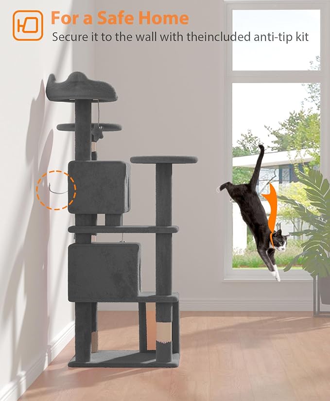 54" Cat Tree Tower for Indoor Cats Large Adult,Cute/Tall Modern Cat Tree for Big Cats 20 lbs, Plush Multi-Level Cat Condo with Scratching Posts,Hammock, Dangling Ball (Smoky Gray, 54 inch)-Mewly Pet
