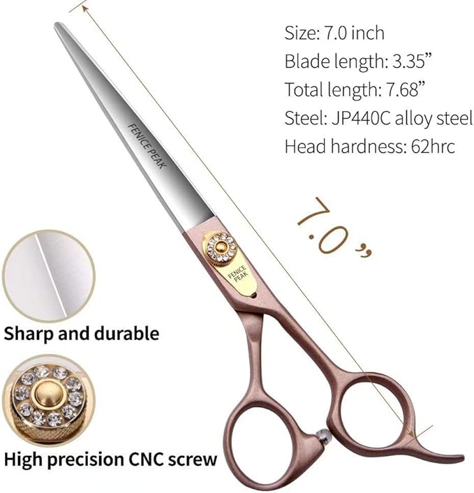 Fenice Peak 7'' Dog Straight Scissors for Grooming 440C Stainless Steel Rose Gold Professional Pet Trimming Scissors Sharp Blades Cutting for Dogs and Cats Shears-Mewly Pet