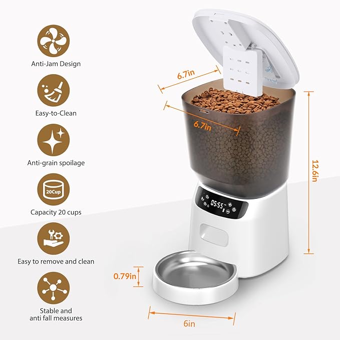 Automatic Cat Feeder, Cat Food Dispenser with Stainless Steel Bowl, Timed Portion Control 20 Portions 6 Meals Per Day, Voice Recorder, Dual Power Supply for Small Dogs (White)-Mewly Pet