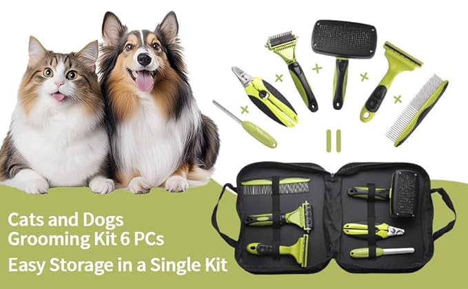 6 PCS Dog and Cat Grooming Kit, Versatile Tools Including Shedding Brush, Nail Clipper with Nail File, Slicker Brush, Dematting Comb-Mewly Pet