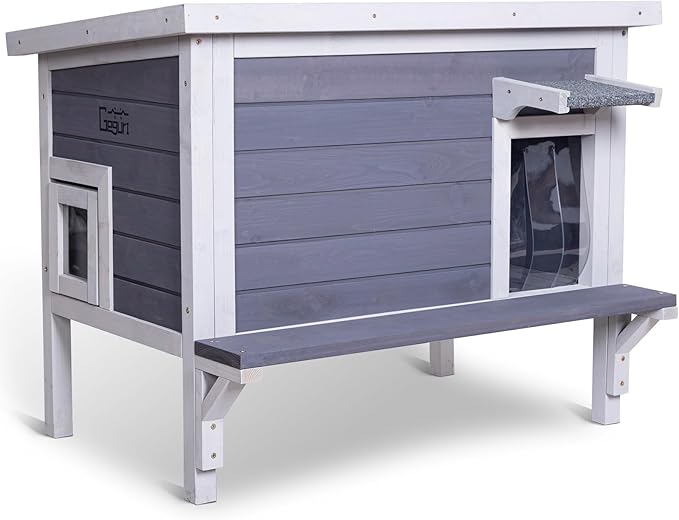 GEGURI Insulated Cat House Outdoor Weatherproof Feral Cat Shelter for Winter Large Wooden Enclosure with Escape Door-Mewly Pet