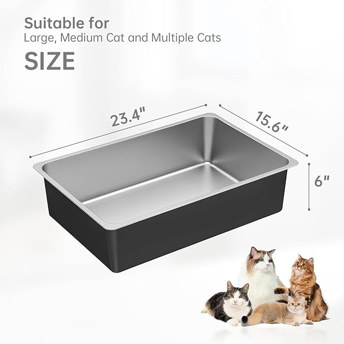 Ohtomber Stainless Steel Litter Box - Large Metal Cat Litter Box Pan High Sided, Never Absorbs Smell, Easy to Clean Non Stick Litterbox Tray Toilet Pet Supplies for Indoor Big and Small Cats, Kitten-Mewly Pet