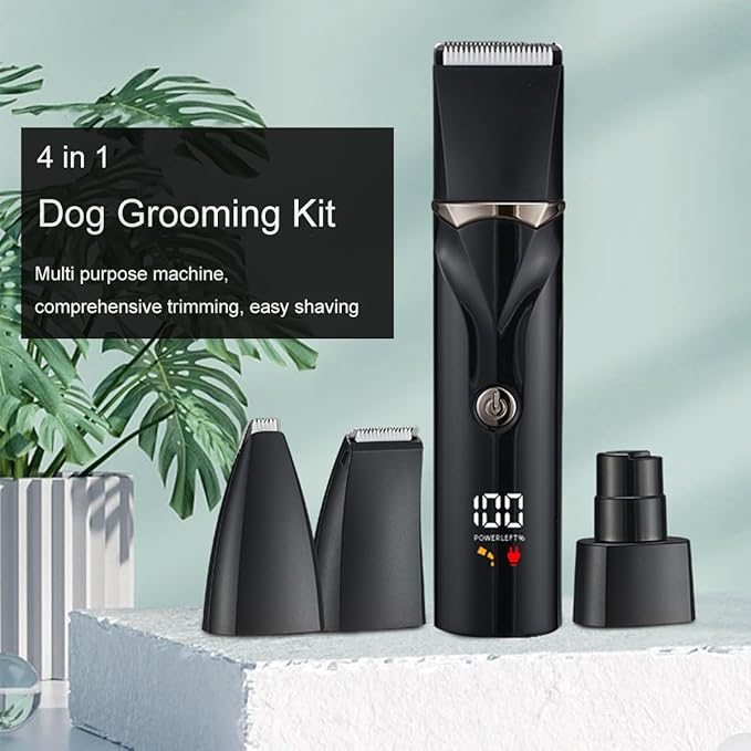 Dog Grooming Kit with LCD Display, 4 in 1 Dog Hair Trimmer for Paw Nail Grinder, Rechargeable Cordless Pet Cat Clippers, Professional Pet Paw Trimmer Nail Grinder Low Noise. Black-Mewly Pet