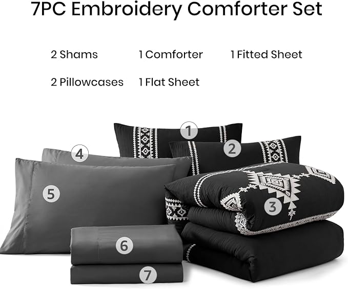 MaiRêve Embroidery California King Size Comforter Set Charcoal Black, Boho Farmhouse Western Bedding Set 7 Pieces, All Season Bed in A Bag Comforter Set with Sheets, Pillowcases & Shams