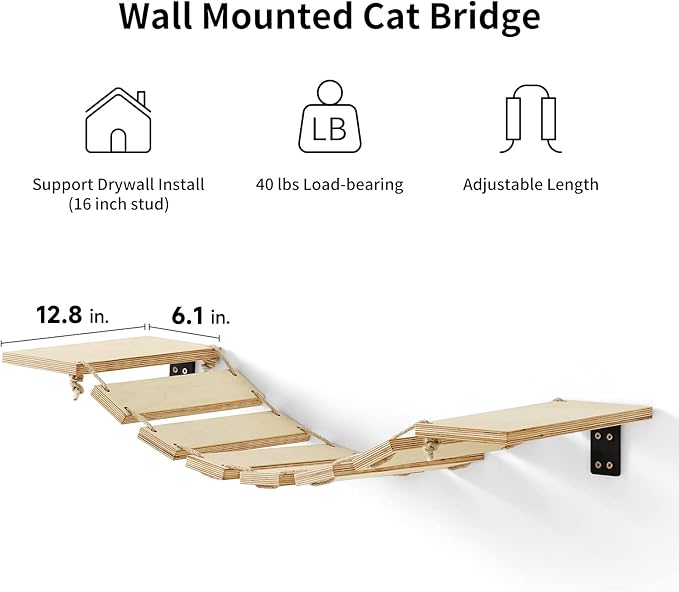 FUKUMARU Cat Bridge Wall Mounted, 12.8-Inch Expanded Feline Perch & Climbing Steps for Custom Kitten Highway Systems, Multi-Level Wall Shelves Furniture-Mewly Pet