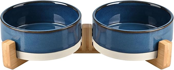 SPUNKYJUNKY Ceramic Dog and Cat Bowl Set with Wooden Stand, Modern Cute Weighted Food Water Bowl Set for Small Size Dogs (1.7 Cups, 2 × Pattern Blue)-Mewly Pet