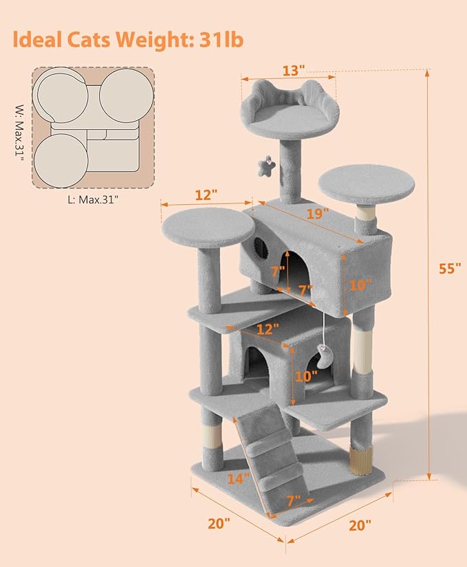 54" Cat Tree Tower for Indoor Cats Large Adult,Cute/Tall Modern Cat Tree for Big Cats 20 lbs, Plush Multi-Level Cat Condo with Scratching Posts, Dangling Ball for Fun (Light Gray, 54 inch)-Mewly Pet