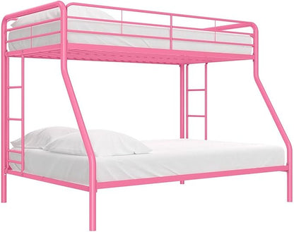 DHP Dusty Metal Bunk Bed Frame, Twin-Over-Full for Kids, Teens, Adults, Angled Ladder, Guardrail, No Boxspring, Small Spaces, Pink