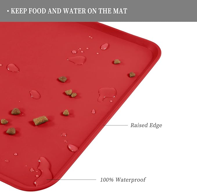 Waterproof Pet Feeding Mat with High Raised Edges, Heavier and Thicker Placemats for Cat Dog Water Bowl with BPA Free, Dogs Cats Food Mats for Messy Drinkers to Prevent Spill and Protect Floors-Mewly Pet
