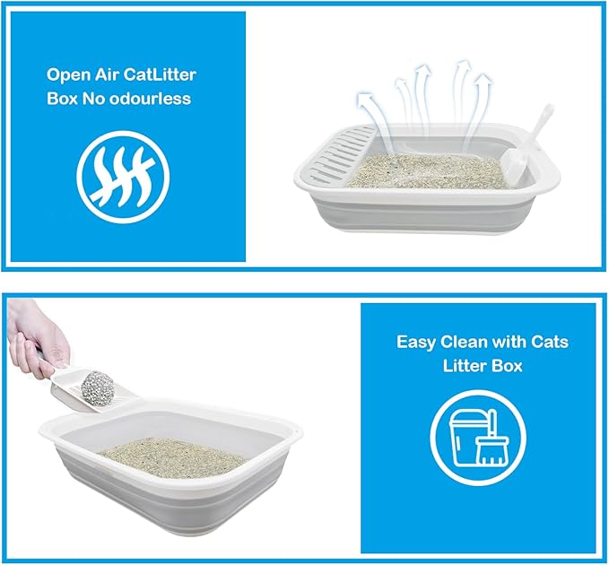 Collapsible Cat Litter Box,Open Potty Pan Cat Toilet Foldable Portable Cats Litter Box Travel Litter with Scoop,Waterproof Low Entrance for Kitten and Cat Toilet Easy Clean 17.7"×13.4"x4.9"(Grey)-Mewly Pet