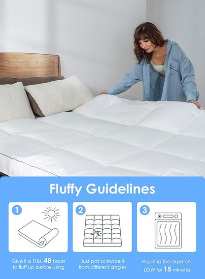 QUEEN ROSE Mattress Topper Queen, Extra Soft Pillow Top Mattress Topper Queen for Firm Bed, Thick Baffle Box Cooling Cloud-Like Down Alternative Filled, Back Pain Relief, White