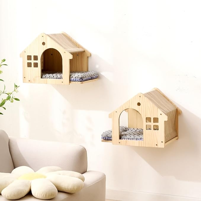SHENGOCASE Natural Wood Cat Wall Shelves Bed, 2-Pack, Wall-Mounted Box House Perch, Cat Condo Furniture with Washable Pillow Cushions-Mewly Pet