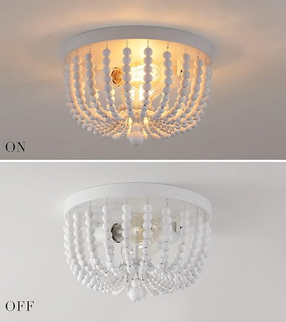Q&S White Flush Mount Ceiling Light Fixtures,2-Lights Wood Beaded Boho Chandeliers for Nursery Baby Bedroom Dining Room Living Room Kitchen Hallway W11.81