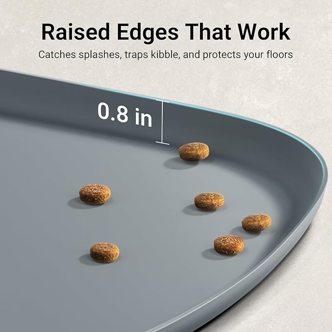 DownyPaws Dog Food Mats for Floors Waterproof, BPA Free Silcone Dog Bowl Mat, Non-Slip Pet Feeding Mat with High Raised Edge, Cat Placemat for Messy Drinkers, 24"×17", Light Gray-Mewly Pet