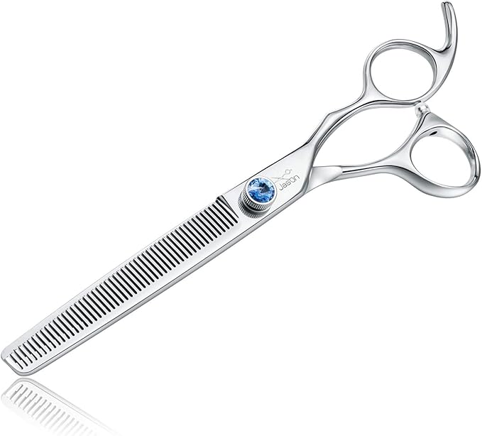 JASON 7" 50 Teeth Thinning Dog Grooming Blending Scissor, Ergonomic Pet Grooming Thinner Blender Shears Cat Trimming Texturizing Kit with Offset Handle and a Jewelled Screw, 30% Thinning Rate-Mewly Pet