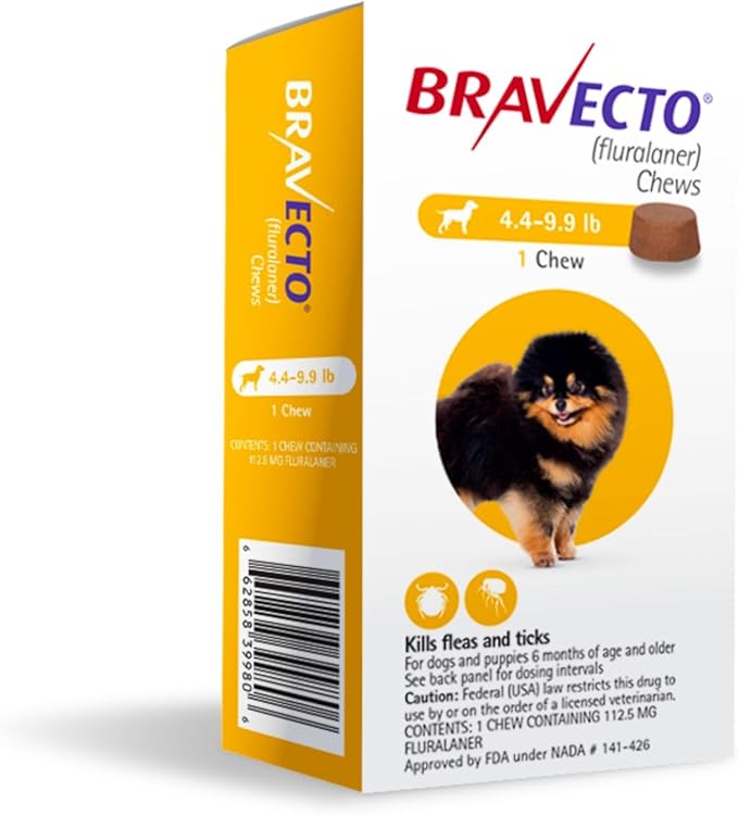 BRAVECTO Chew for Dogs, Flea & Tick, 1 Chew, 12 Week Supply, 4.4-9.9 lbs., Yellow Box-Mewly Pet