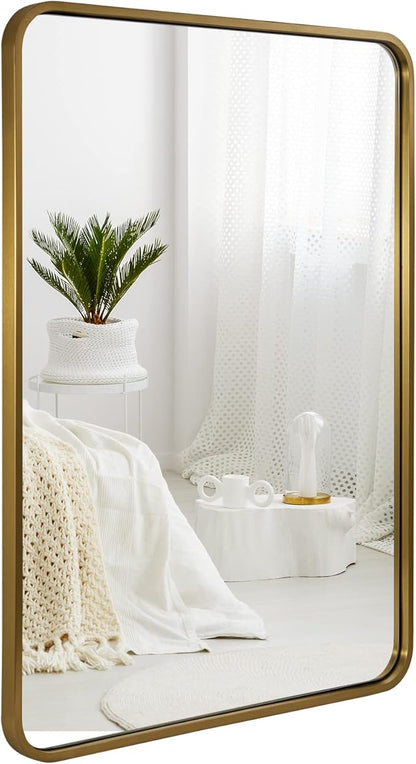 ANDY STAR 24x32 INCH Gold Bathroom Mirror, Brushed Brass Mirror, Rounded Rectangle Mirrors, Anti-Rust SUS304, Tube Metal Framed, 1’’ Deep Wall Mounted Vertically/Horizontal