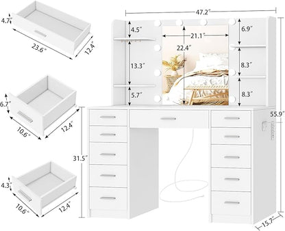 Quimoo 47.2" Large Vanity Desk with Mirror and Lights, Makeup Vanity with 11 Drawers & 6 Open Shelves, 3 Color Modes & Adjustable Brightness, White Vanity for Girls