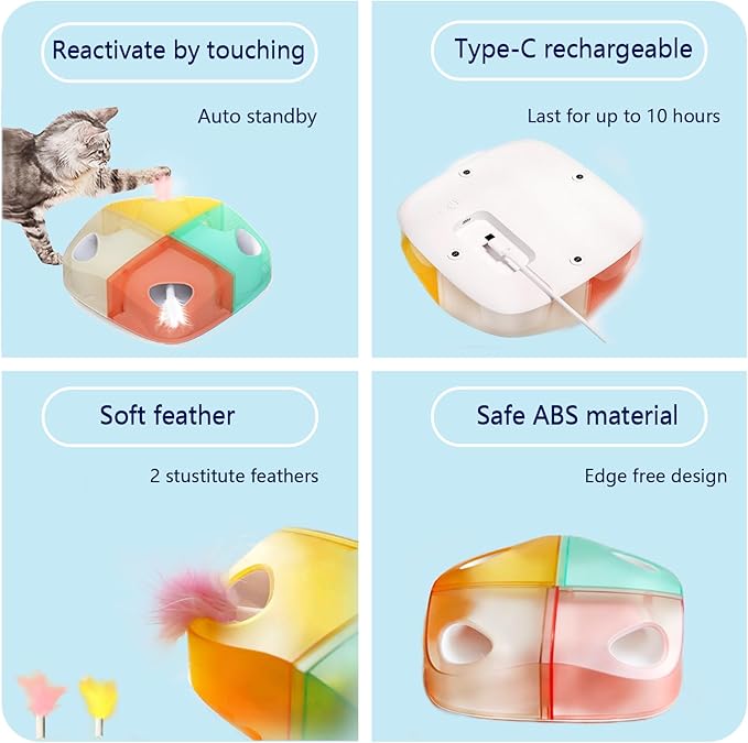 Cat Toys Interactive Automatic Whack-A-Mole/Hide and Seek Ultra Fun Smart cat Feather Toy for Indoor Cats Rechargeable 2-Feather 4-Hole stimulating Instinct of Hunting get rid of Boredom-Mewly Pet