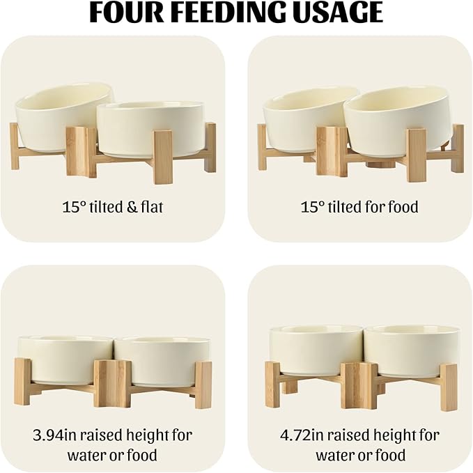 SPUNKYJUNKY 15° Slanted Ceramic Dog and Cat Bowl with Wooden Stand, Tilted Bulldog Food and Water Bowl No Slip Non-Spill for Cats Medium Dogs Big Face Pets 28.7 OZ (3.6 Cups, Beige × 2)-Mewly Pet