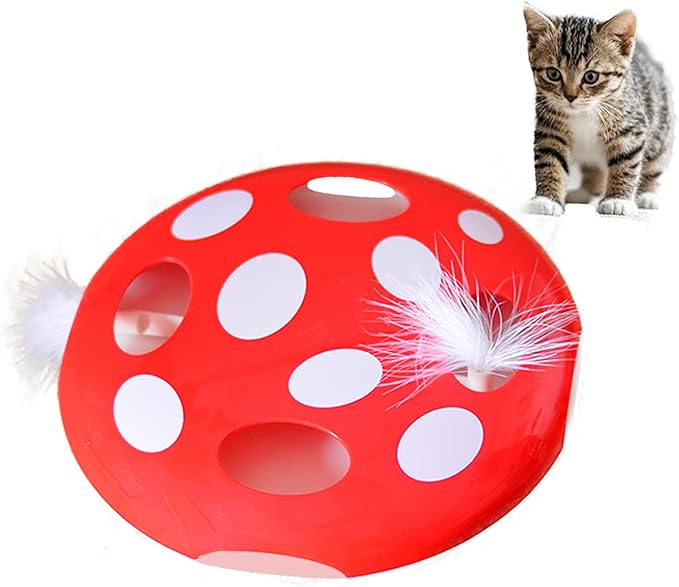 Interactive Cat Toy Automatic Mushroom - Whack-a-Mole Game with Rotating Feathers for Indoor Cats, Hide & Seek Rechargeable Toys Boredom Relief Adult Kittens, Safe Chew Proof Design (Red)-Mewly Pet