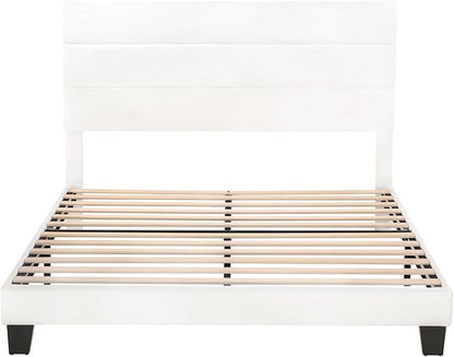 SHA CERLIN Queen Platform Bed Frame with Velvet Upholstered Headboard, Mattress Foundation with Strong Wooden Slats Support, No Box Spring Needed, White