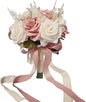 Wedding Bouquets for Bride, Champagne White & Pink Bridal Bridesmaid Wedding Flowers, Artificial Toss Rose for Civil Ceremony (Hollow Lace Ribbon Handle)