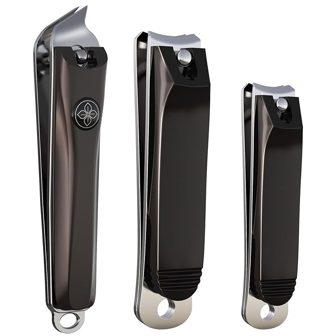 GLAMFIELDS 3pcs Nail Clippers Set, Black Stainless Steel Slanted Edge Nail Clipper & Fingernail & Thick Toenail Trimmer for Men and Women-Mewly Pet