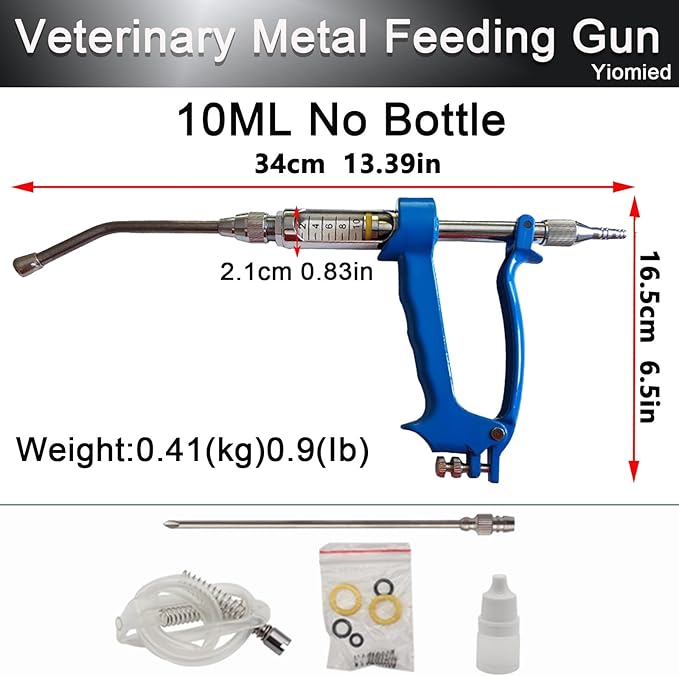 10ML Veterinary Metal Feeding Gun, Continuous Drench Gun Dosing Device Veterinary Adjustable Medicine Dispenser Husbandry Autonomous Feeding Tool, for Pig Cow, Sheep, Horse (Blue, 10ML No Bottle)-Mewly Pet