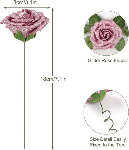 MACTING 30PCS Mothers Day Pink Artificial Flowers Glitter Fake Flowers with Stem Real Touch Foam Roses for DIY Wedding Bouquet Table Centerpieces Party Wreath Home Spring Decorations