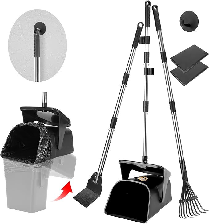 Pooper Scooper Large Swivel Bin & Rake & Spade with 20 Waste Bags and 1 Hook, 39.3" Long Handle Metal Dog Pooper Scooper for Yard, Easy to Clean Pet Waste Use on Grass, Dirt, Gravel or Flats-Mewly Pet
