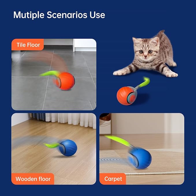 Interactive Cat Toys for Indoor Cats, Rechargeable Moving Cat Ball with Feather Tail, 2 Speeds Automatic Kitten Toys for Bored Indoor Cats,Motion Activated Rolling Ball Toys (Orange)-Mewly Pet