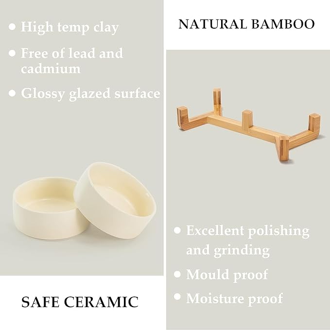 SPUNKYJUNKY Ceramic Dog and Cat Bowl Set with Wooden Stand, Modern Cute Weighted Food Water Set for Small Size Dogs (13.5OZ) & Medium Sized Dogs (28.7OZ) & Cats (1.7 Cups, 2 × Beige)-Mewly Pet
