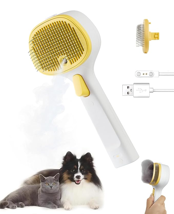 FURGO 3-in-1 Pet Steam Brush for Dogs & Cats – Reduces Static, Long-Pin Head for Long Hair, One-Click Release Button, Dog Spray Brush for Shedding Control (Long)-Mewly Pet