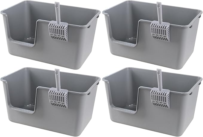 4 Packs Large Cat Litter Box with High Sides, Grey Open Top Cat Litter Basin-Mewly Pet
