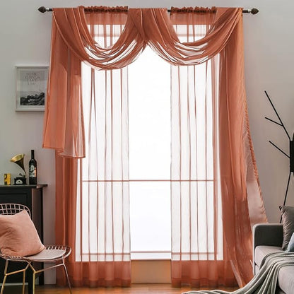 MIULEE Sheer Window Scarf Valance Extra Long Topper Terracotta Elegant Swag Curtains Luxury Draping Fabric for Wedding Arch Party Ceremony Canopy Bed Fall Decor, 37'' x 216'' One Panel, Burnt Orange
