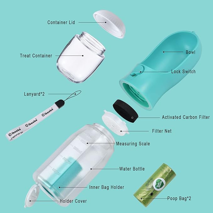 Dog Water Bottle with Food Container & Poop Bag Holder, Travel Water Bowl, Portable Pet Dispenser, Dog Stuff Accessories Items, Puppy Essentials Necessities for Yorkie Chihuahua Walking Hiking-Mewly Pet