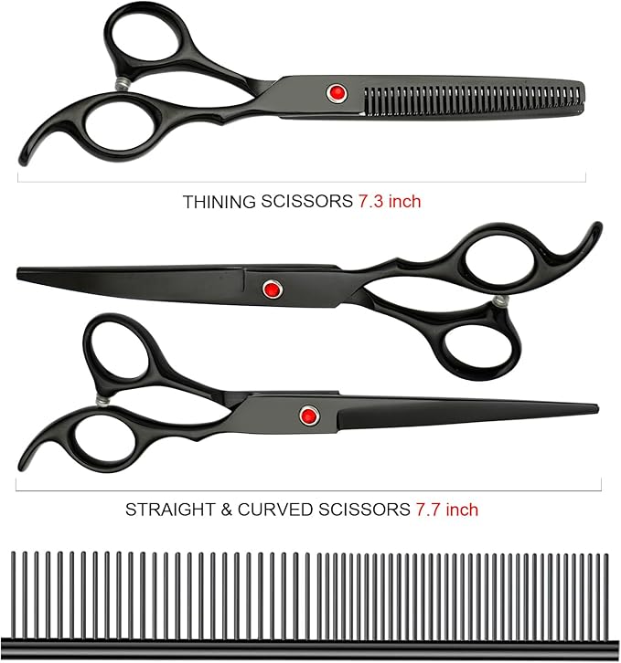 Professional Dog Grooming Scissors Set Stainless Steel Dog Grooming Kit - Thinning, Curved Scissors and Comb for Dog Cat Pet (Black 5 in1)-Mewly Pet