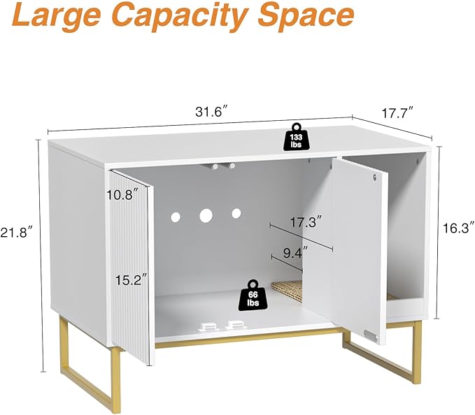Cat Litter Box Enclosure, Fluted Hidden Litter Box Furniture with Scratch Pad and Metal Legs, Modern Enclosed Cat Cabinet, 31.5 x 17.7 x 21.7 Inches Indoor Pet House for Living Room, Washroom, White-Mewly Pet