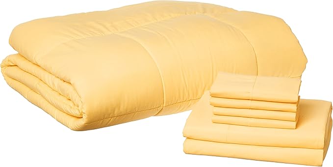 Sweet Home Collection 7 Piece Comforter Set Bag Solid Color All Season Soft Down Alternative Blanket & Luxurious Microfiber Bed Sheets, Yellow, Queen